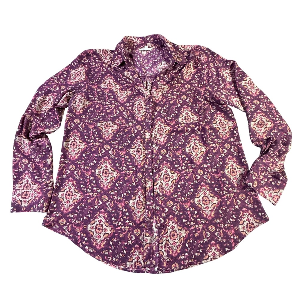 Maurices Blouse Button Down Top Paisley Print Long Sleeve Career L